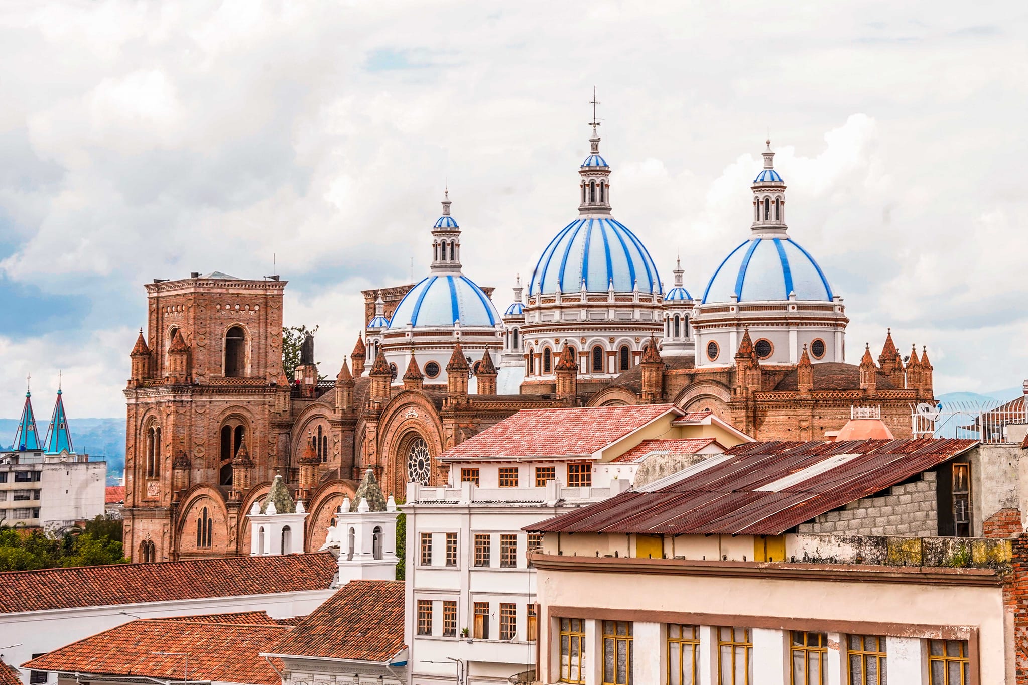 Sky-blue domes of the Cathedral of the Immaculate Conception of Cuenca, seen from the Historic Center