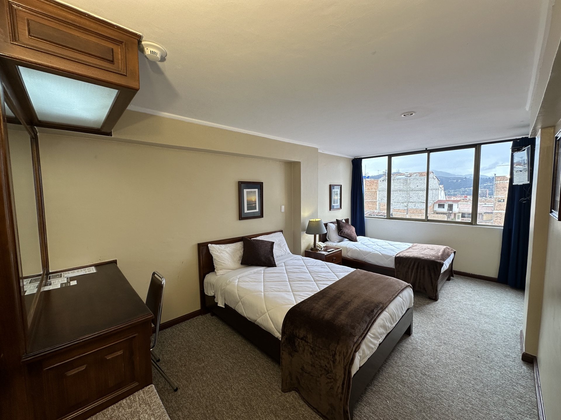 Twin bedroom with two single beds at Hotel NASS Continental, view of the Andes mountains