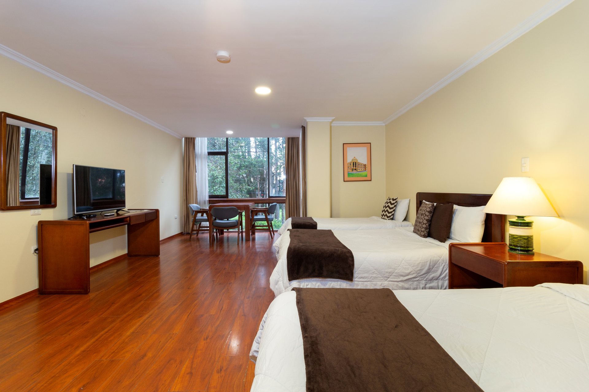 Spacious room at Hotel NASS Pinar del Lago with a large window facing the garden and forest of the Puertas del Sol district, Cuenca
